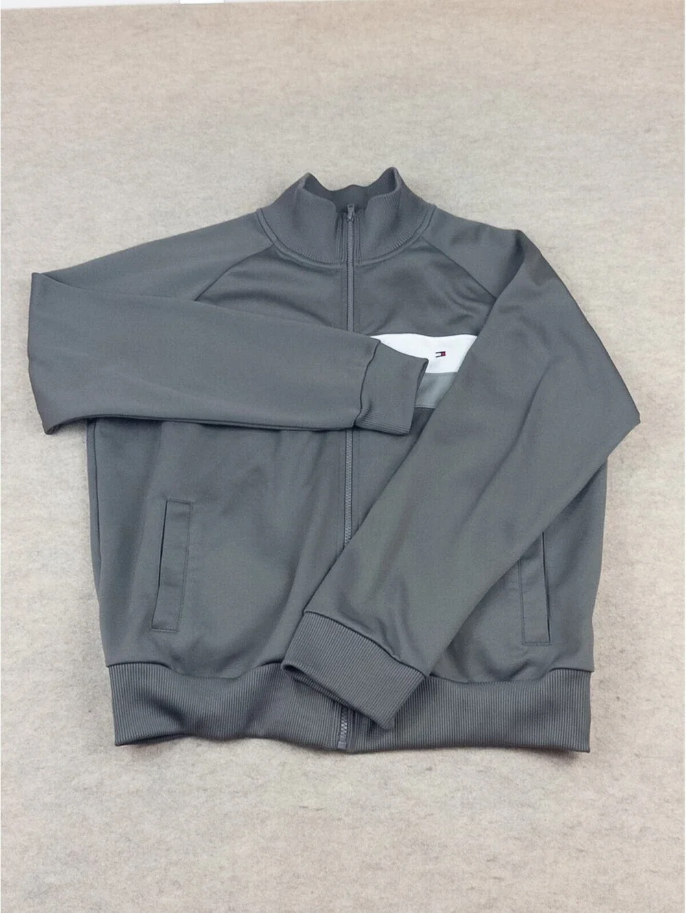 Tommy Hilfiger Men's Gray Track Jacket with White and Gray Stripes, Size Small